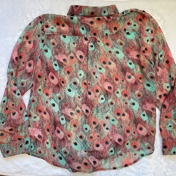 Kut From The Kloth Women's Peacock Print Semi-Sheer Tie Button Up Shirt‎ Size L - Picture 8 of 11